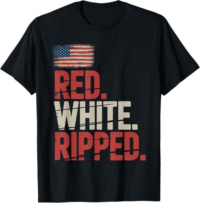Red White Ripped Patriotic Fitness USA Flag Design T-Shirt