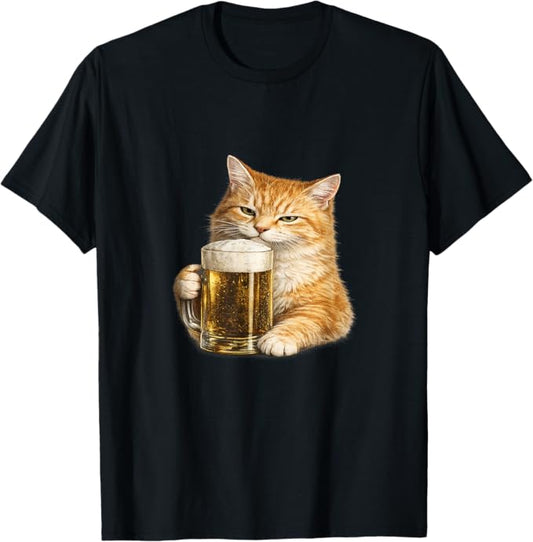 Funny Orange Cat Holding Beer Humor Party Design T-Shirt