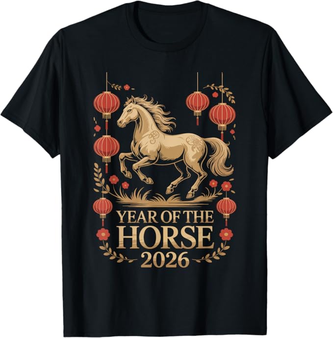 Year of The Horse 2026 Lunar Lantern Floral Accent Design T-Shirt