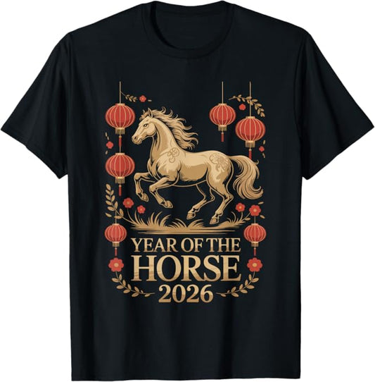 Year of The Horse 2026 Lunar Lantern Floral Accent Design T-Shirt